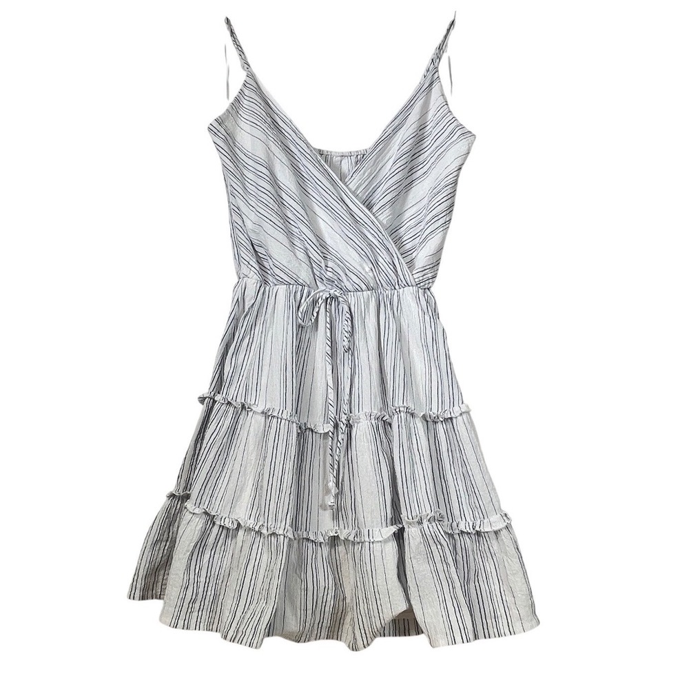 Striped Dress White Blue Sleeveless Tiered Ruffle Drawstring Waist Casual